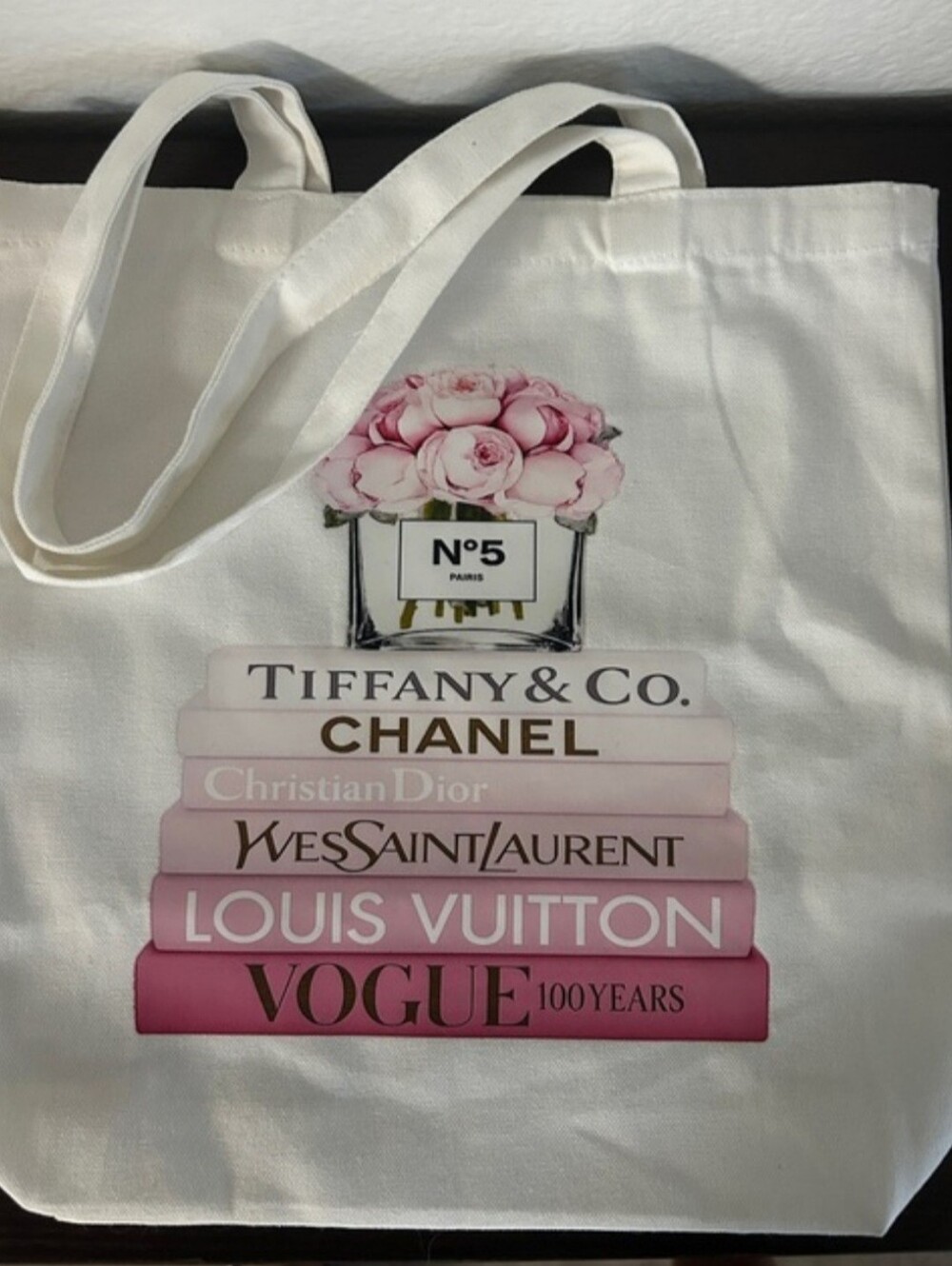 White Canvas Tote Bag with Pink Floral and Luxury Book Stack Print